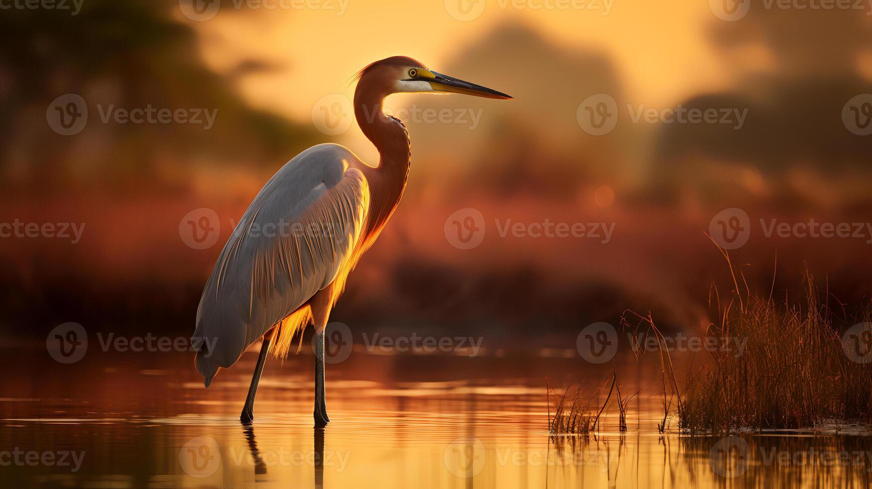 Photo of Goliath Heron on savanna at sunset. Generative AI