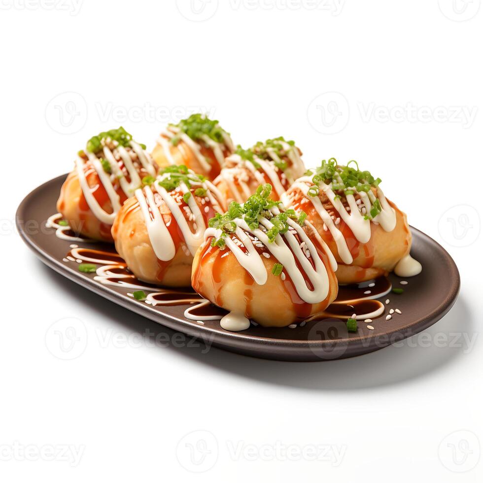 Food photography of takoyaki on plate isolated on white background. photo