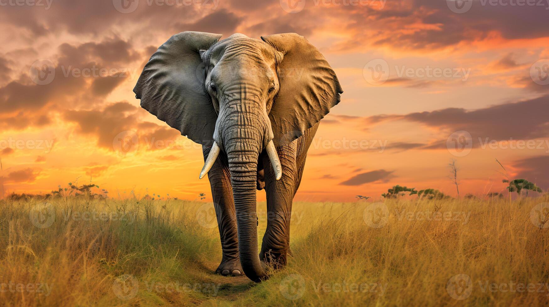 Photo of Elephant on savanna at sunset. Generative AI