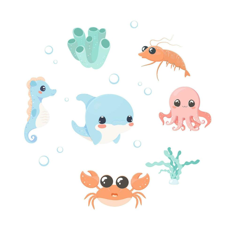 sea creatures clip art set cute vector