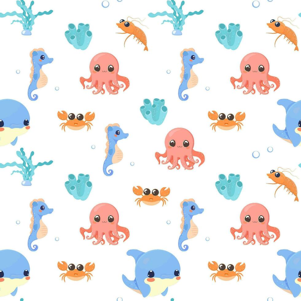 Sea creatures pattern seamless set cute vector