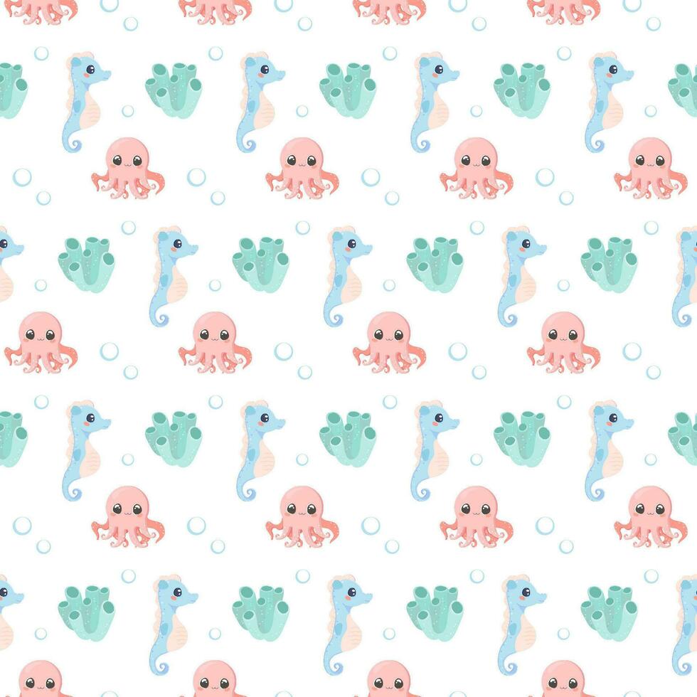 Sea creatures pattern seamless set cute vector