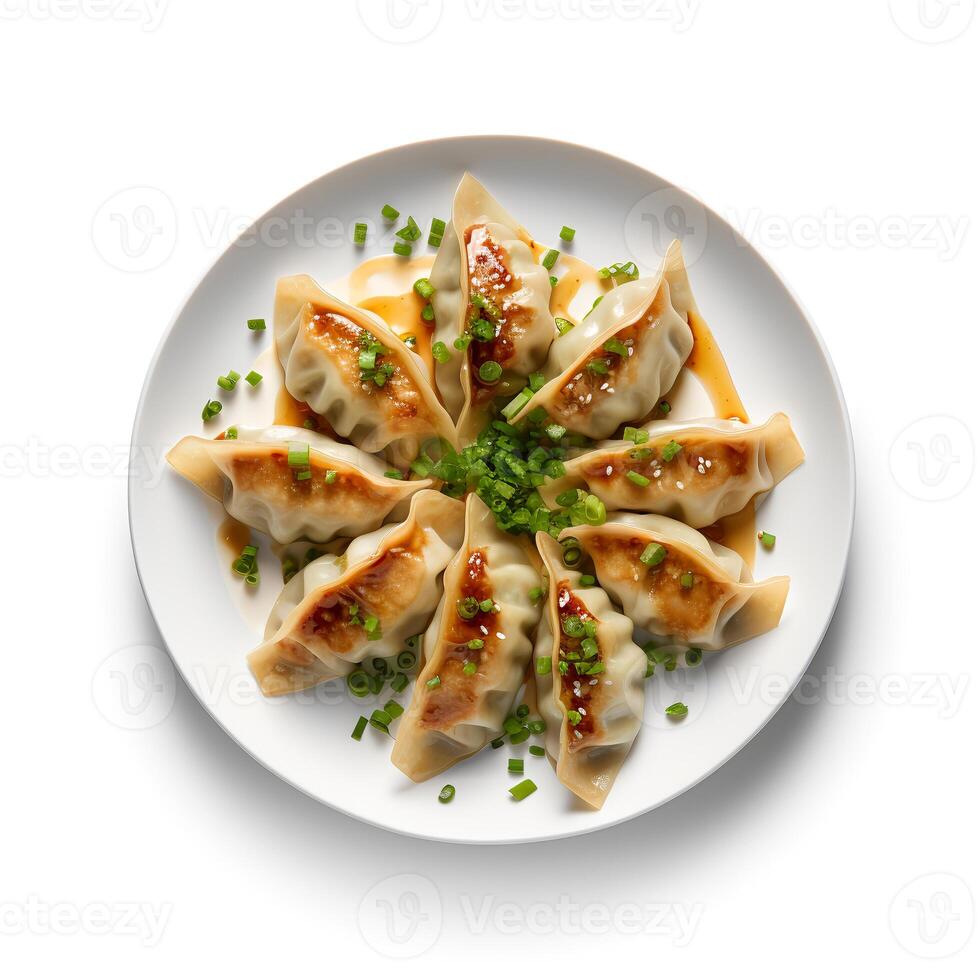 foto de gyoza en plato aislado en blanco antecedentes. creado por generativo ai