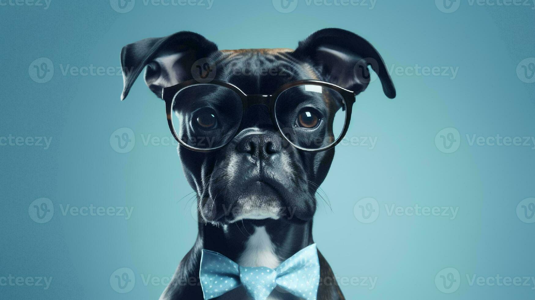 Boxer perro utilizando lentes en azul antecedentes. generativo ai foto