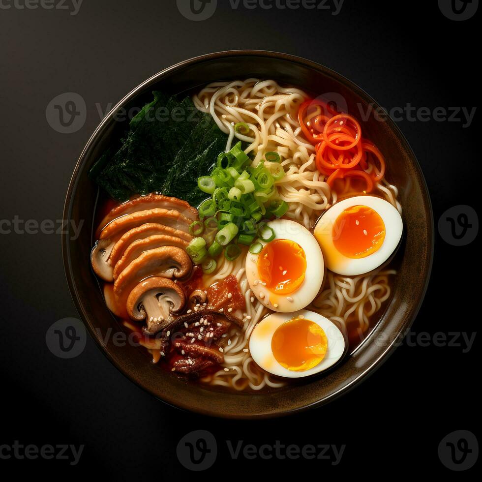 Food photography of Ramen on dark bowl isolated on dark background. Generative AI photo