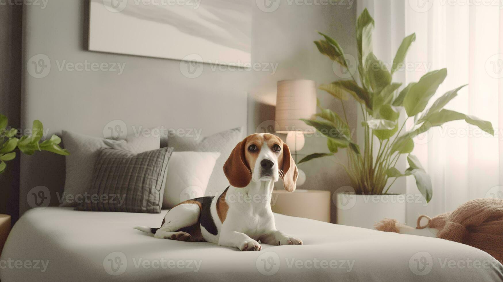 beagle dog lying on bed in hotel with contemporary interior design. Generative AI photo