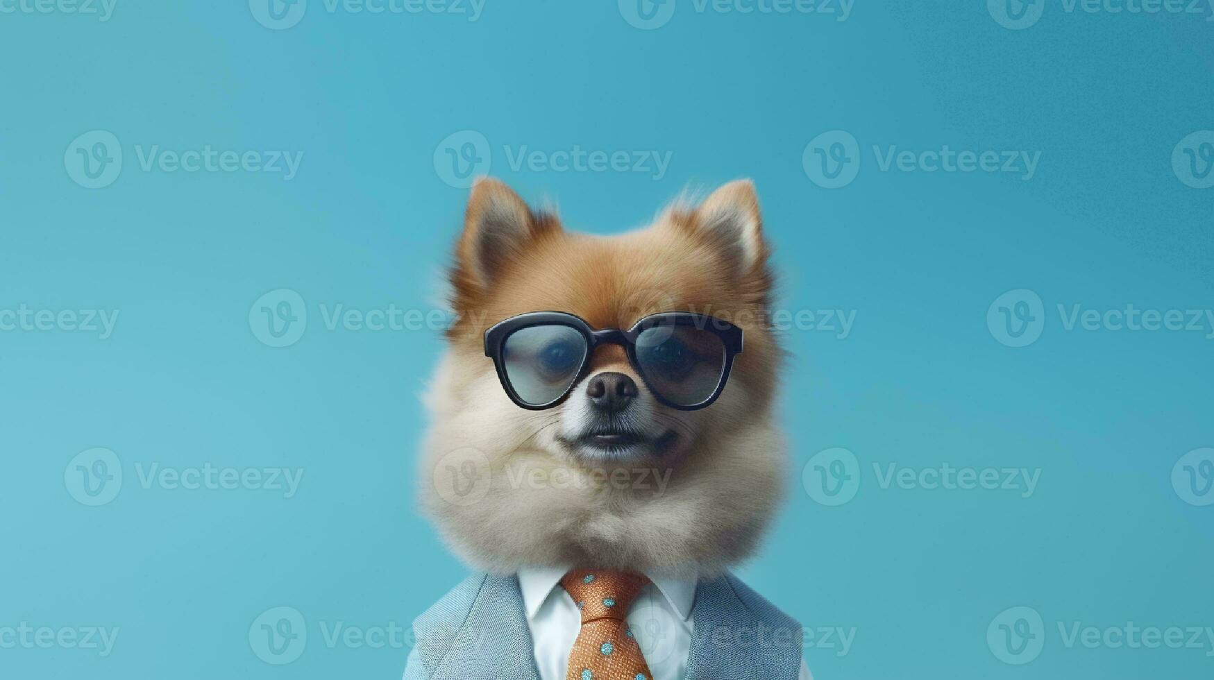 Photo of haughty pomeranian dog using glasses  and office suit on white background. Generative AI
