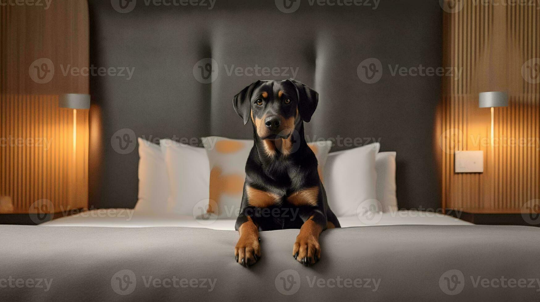 Rottweiler dog lying on bed in hotel with contemporary interior design. Generative AI photo