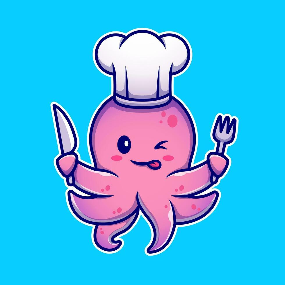 Octopus Chef Holding Knife And Fork Cartoon Vector Icon Illustration. Animal Food Icon Concept Isolated Premium Vector. Flat Cartoon Style