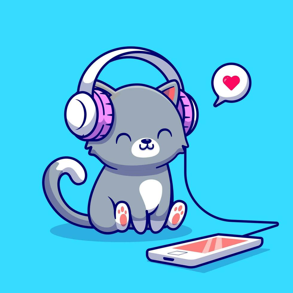 Cute Cat Listening Music With Headphone Cartoon Vector Icon Illustration. Animal Music Icon Concept Isolated Premium Vector. Flat Cartoon Style