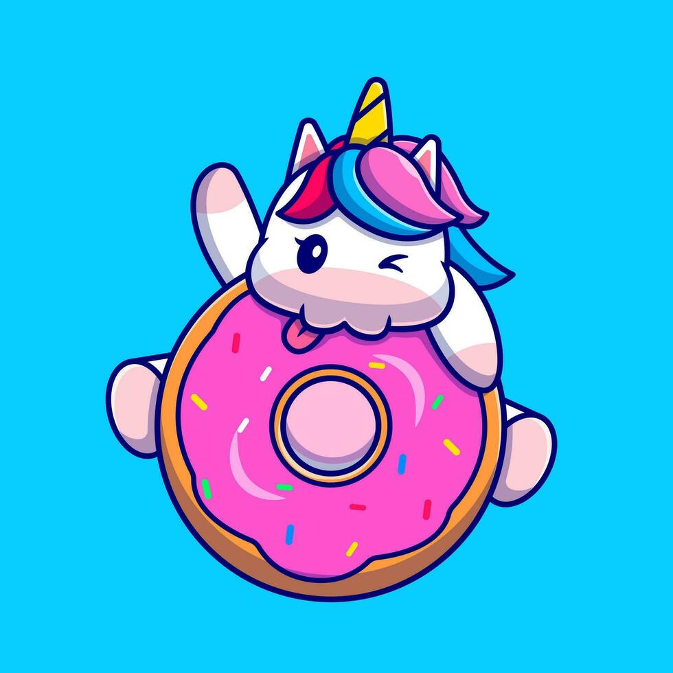 lindo unicornio comiendo donut dibujos animados vector icono ilustración. concepto de icono de comida animal vector premium aislado. estilo de dibujos animados plana