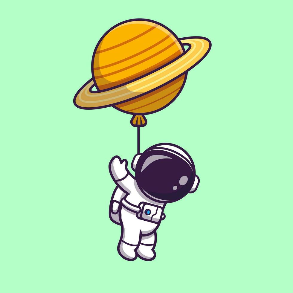 Cute Astronaut Floating With Planet Balloon In Space  Cartoon Vector Icon Illustration. Technology Science Icon  Concept Isolated Premium Vector. Flat Cartoon Style