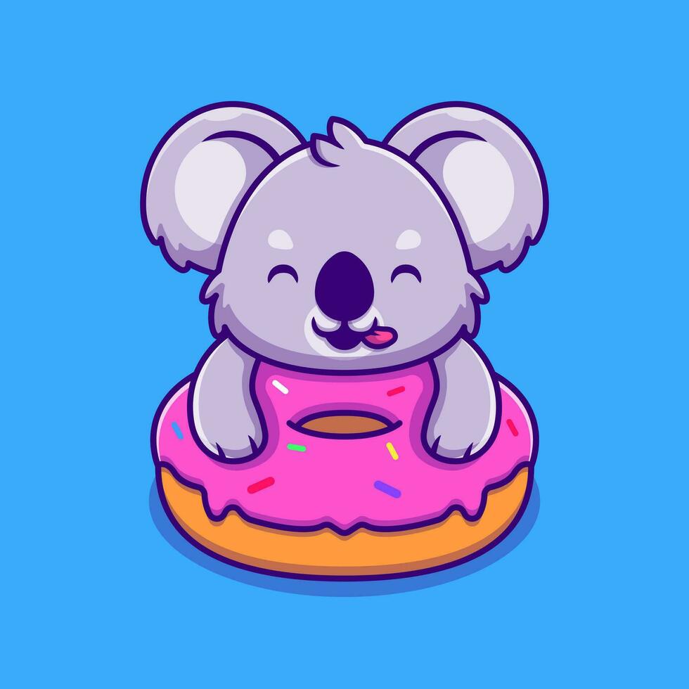 Cute Koala Holding Doughnut Cartoon Vector Icon Illustration. Animal Food Icon Concept Isolated Premium Vector. Flat Cartoon Style