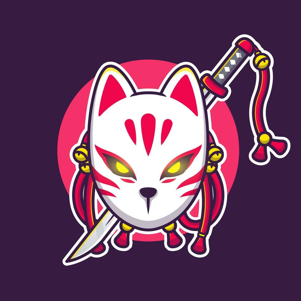 Cute Kitsune With Sword Cartoon Vector Icon Illustration. Art Object Icon Concept Isolated Premium Vector. Flat Cartoon Style