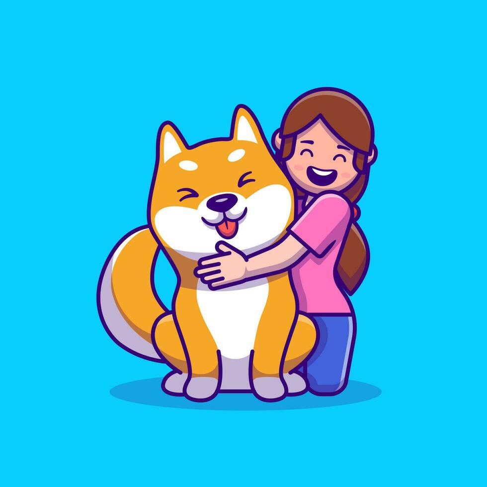 Cute Girl With Shiba Inu Dog Cartoon Vector Icon Illustration. People Animal Icon Concept Isolated Premium Vector. Flat Cartoon Style