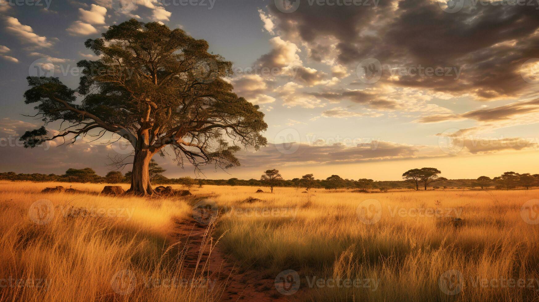 Photo of savanna at sunset. Generative AI