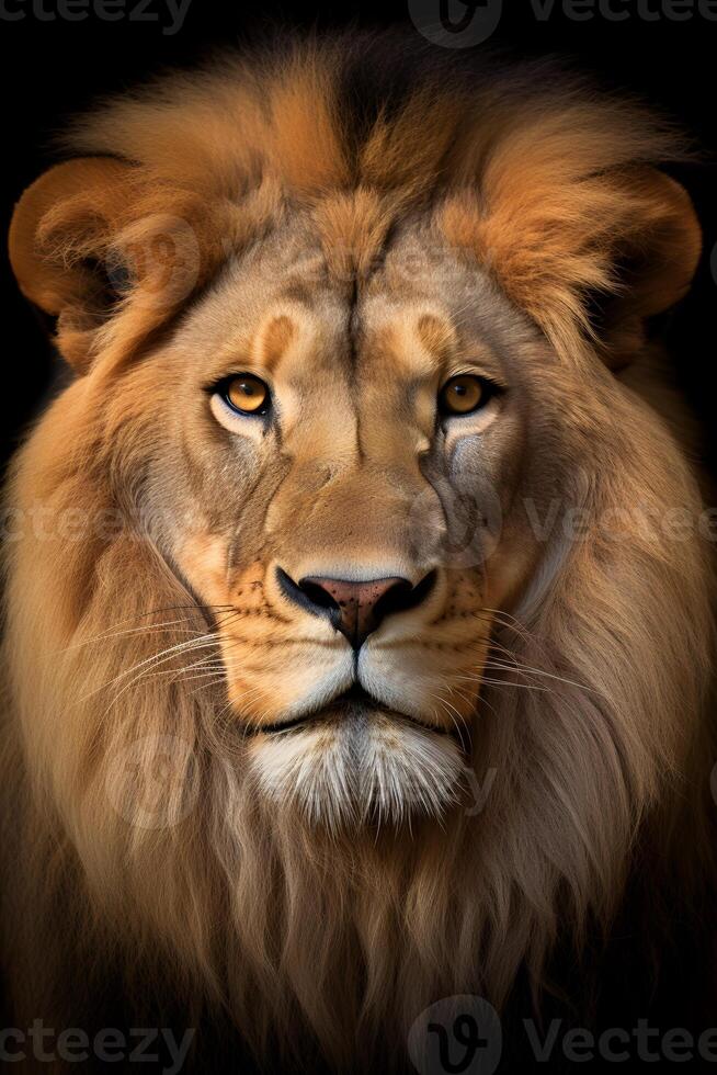 Photo of lion isolated on black background. Generative AI