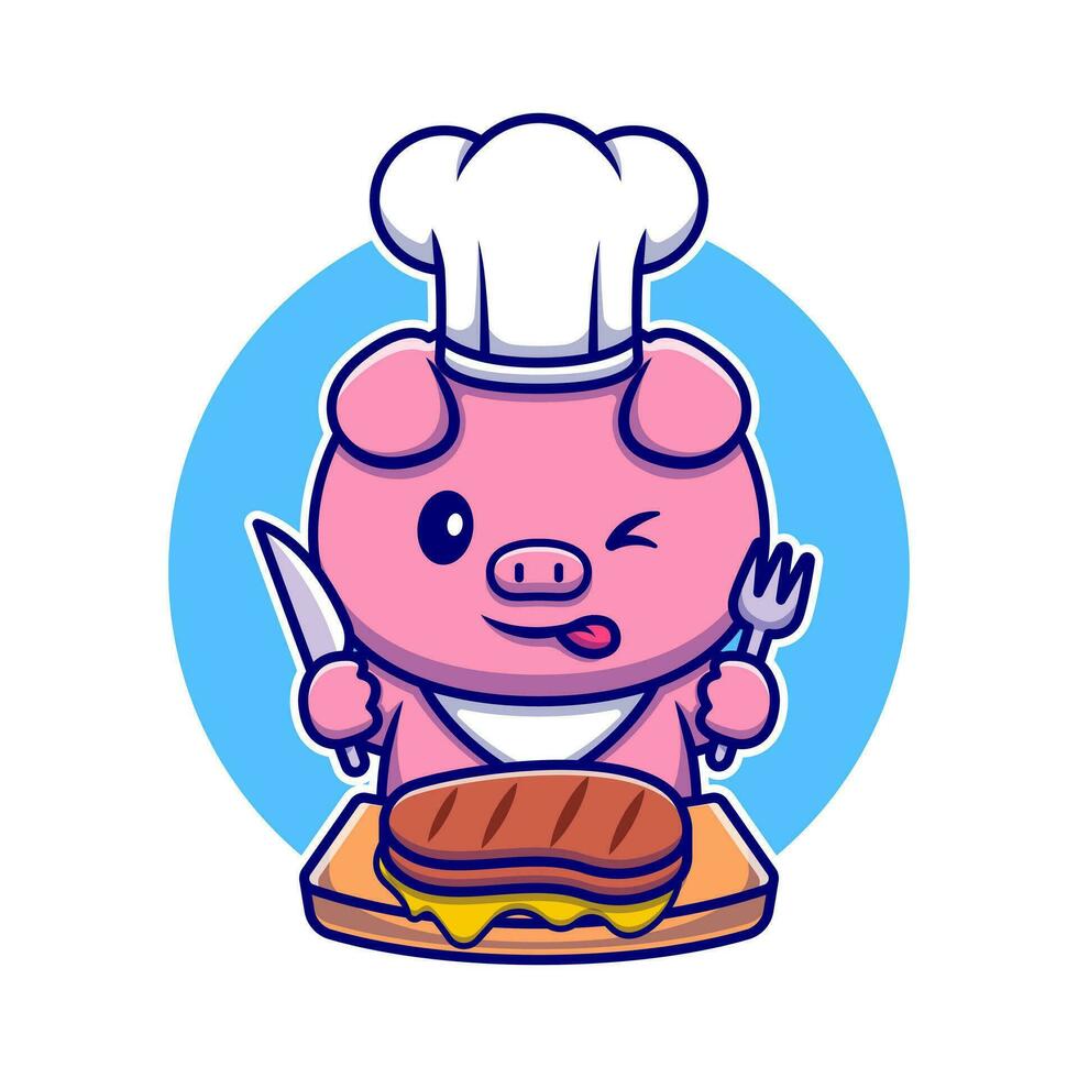 Cute Pig Chef Eating Beef Steak Cartoon Vector Icon Illustration. Animal Food Icon Concept Isolated Premium Vector. Flat Cartoon Style