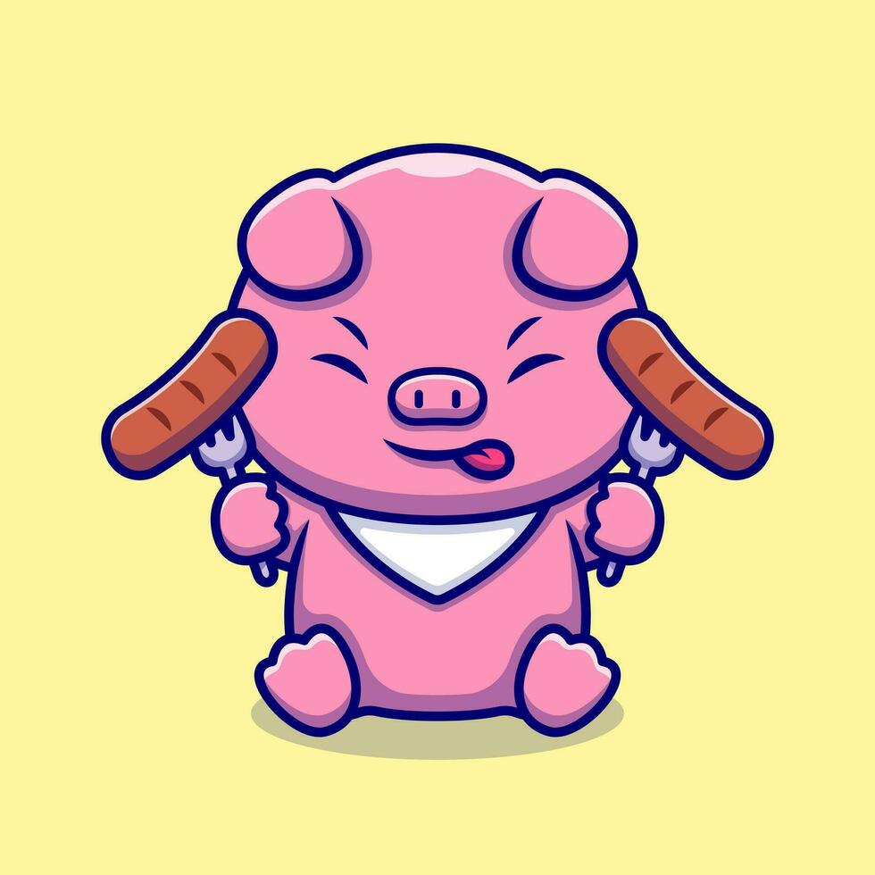 Cute Pig Chef Eating Sausage Cartoon Vector Icon Illustration. Animal Food Icon Concept Isolated Premium Vector. Flat Cartoon Style