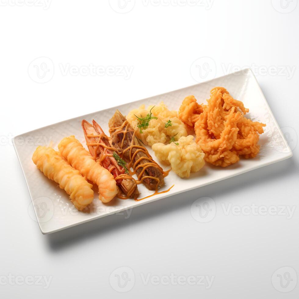 Food photography of Tempura on plate isolated on white background. photo