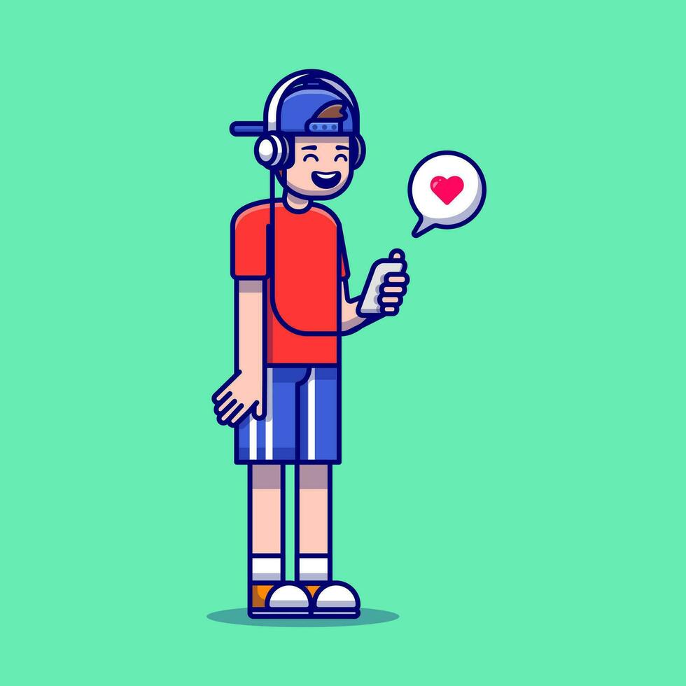 Cute Boy Listening Music With Headphone Cartoon Vector Icon Illustration. People Technology Icon Concept Isolated Premium Vector. Flat Cartoon Style