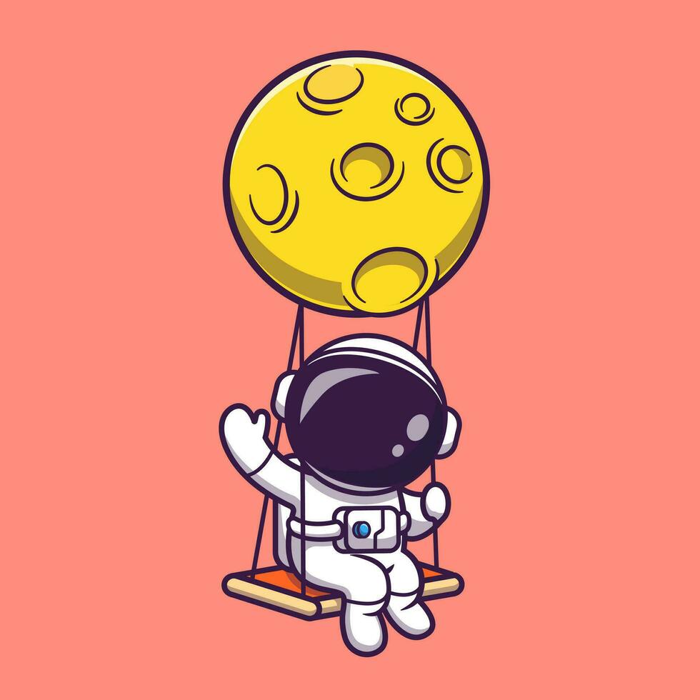 Cute Astronaut Swing On Moon And Waving Hand Cartoon  Vector Icon Illustration. Science Technology Icon Concept  Isolated Premium Vector. Flat Cartoon Style