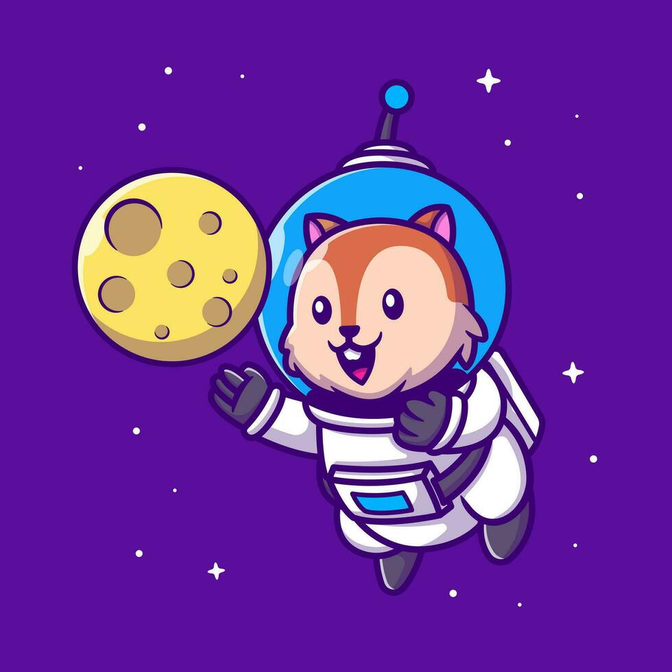 Cute Squirrel Astronaut With Moon Cartoon Vector Icon Illustration. Animal Science Icon Concept Isolated Premium Vector. Flat Cartoon Style