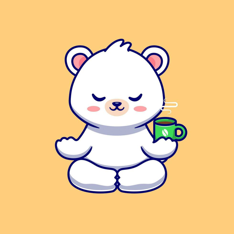 Cute Baby Polar Bear Meditation With Coffee Cup Cartoon  Vector Icon Illustration. Animal Drink Icon Concept Isolated  Premium Vector. Flat Cartoon Style