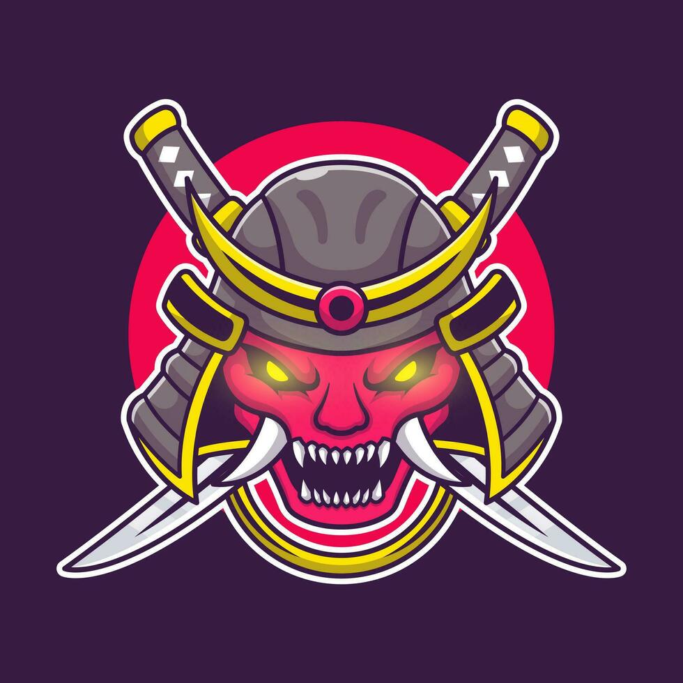 Oni Mask With Sword Cartoon Vector Icon Illustration. Art Object Icon Concept Isolated Premium Vector. Flat Cartoon Style