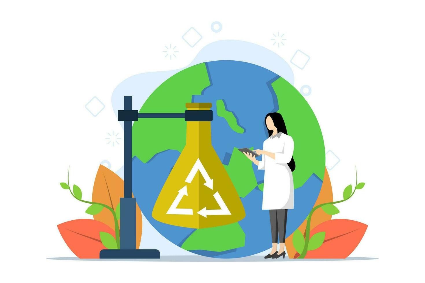 concepto de mecánico y químico reciclaje, reducción de Residuos electrónicos con pequeño gente. industrial residuos administración vector ilustración. Procesando para reutilizar, residuos disposición y utilización.