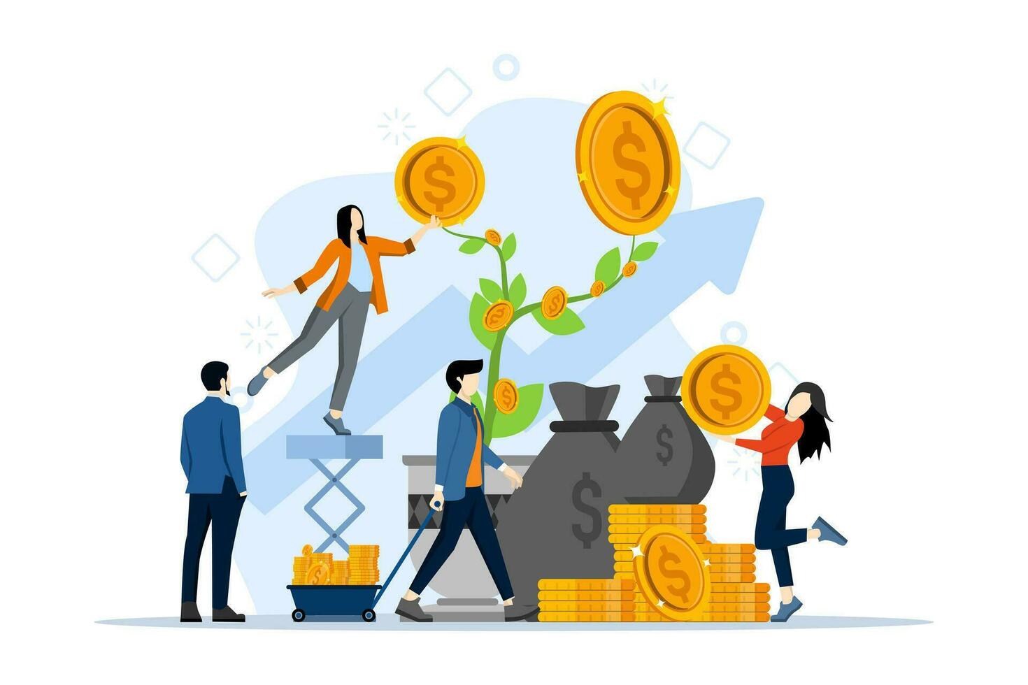 Money tree concept with tiny characters. Businessman working with growing gold coins in a pot flat vector illustration. Bank investment and savings growth, passive income profit metaphor idea.
