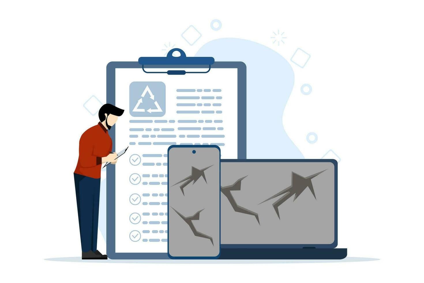 e-waste reduction concept with tiny people. Mechanical and chemical recycling, industrial waste management vector illustration. Metaphor of processing for reuse, waste disposal and utilization.