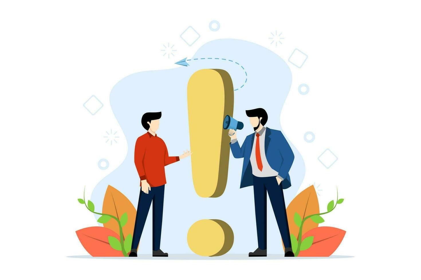 frequently asked questions concept illustration, waiting to be answered, customer service. around exclamation marks, answers to metaphorical questions. Flat vector illustration on a white background.