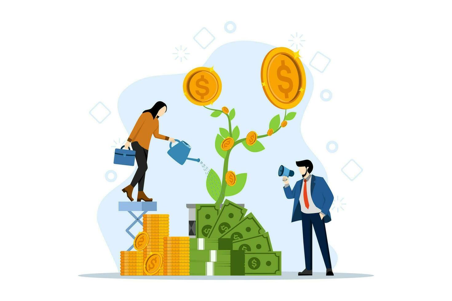 Income Idea concept, people make money from tree. People watering money plants. Financial growth, bank deposit income, wealth. money investment. flat vector illustration on a white background.