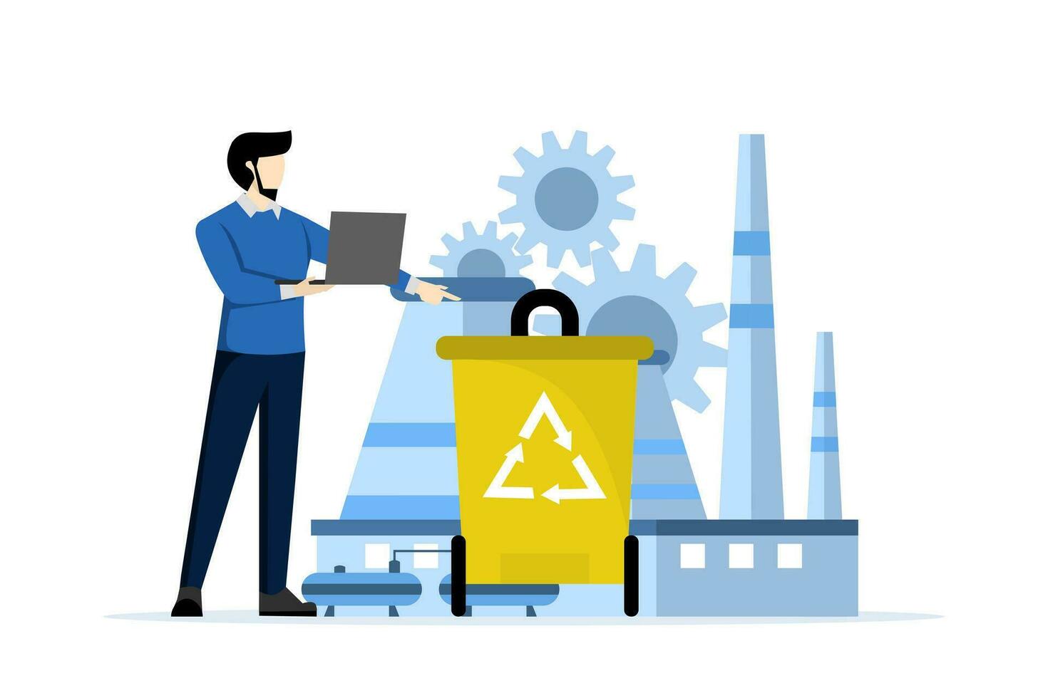 Mechanical and chemical recycling concept, hazardous waste reduction with tiny people. Industrial waste management vector illustration set. processing for reuse, waste disposal and utilization.