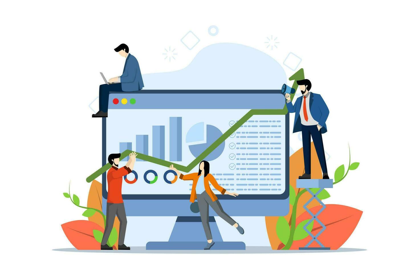 Dashboard service concept, online reporting mechanism, major performance indicators with minor characters. Office workers analyze company growth and create digital infographics with charts and diagram vector