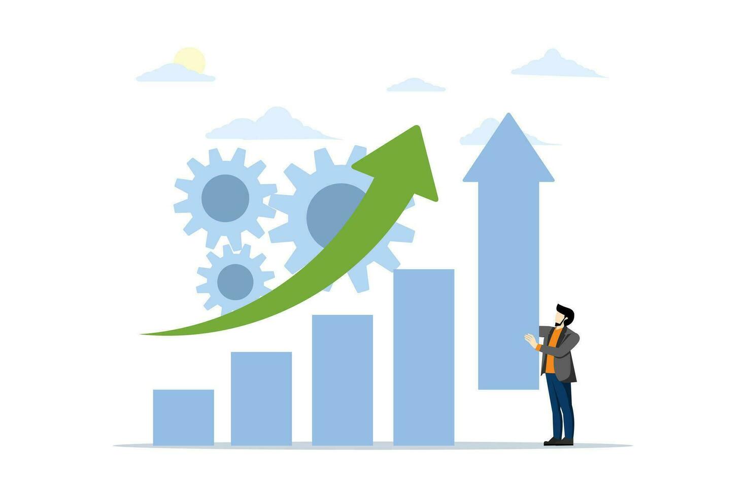 increase sales concept, promote your business with small people. business management. businessman holding growth chart, increasing sales and profit, company web page metaphor. flat vector illustration