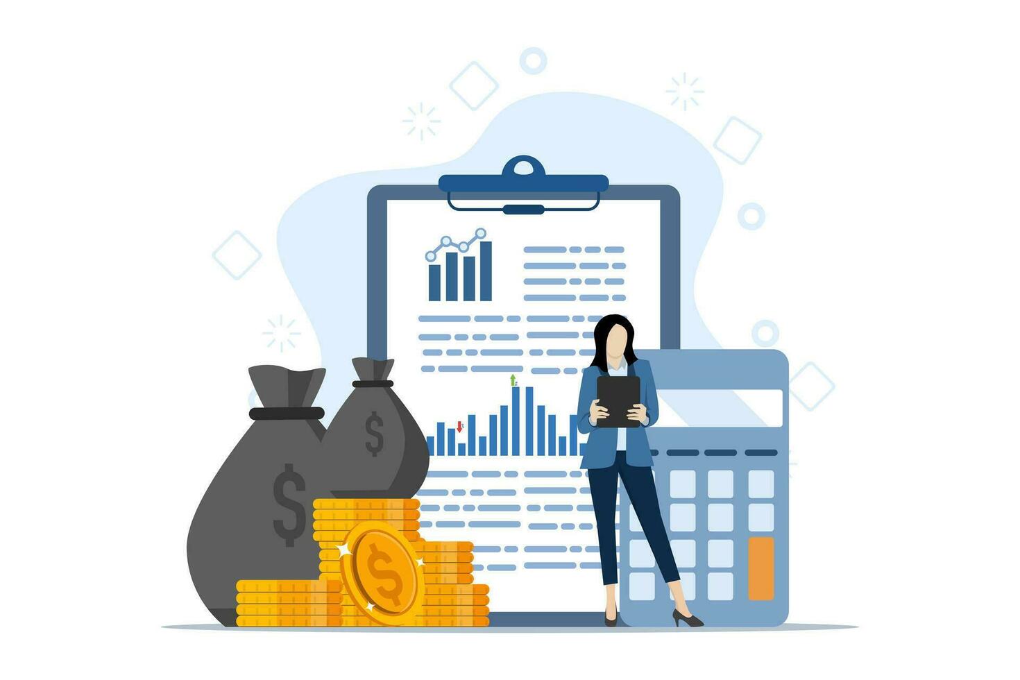 financial report concept, Report with processing figures and coins showing financial data, business woman standing and managing financial data reports. flat vector illustration on a white background.