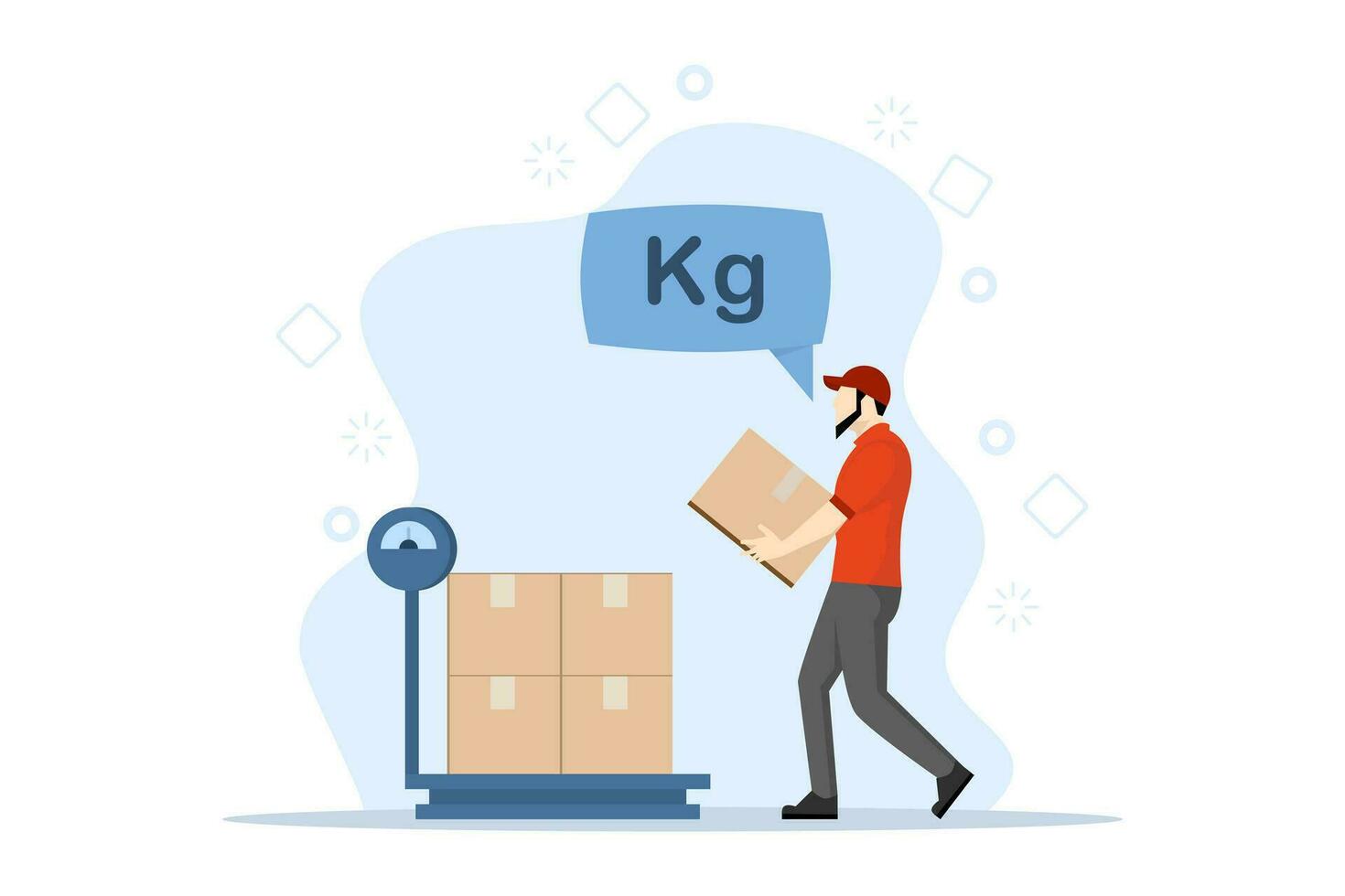 Package Weighing Concept in Warehouse, Business Process, Warehouse Storage Products Measuring Procedure Warehouse worker checks the weight of a shipment. Flat vector illustration on a white background