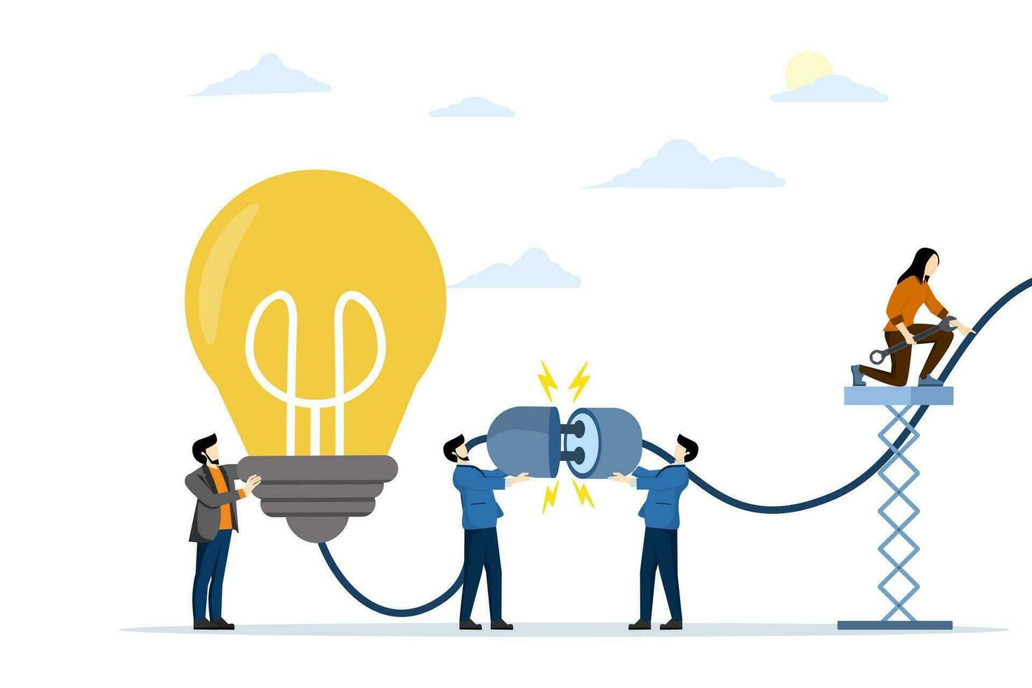 business concept, network connection, business team creative idea and brainstorming to start new project. brainstorming, glowing light bulb as a creative idea, brain stuffing, vector illustration.
