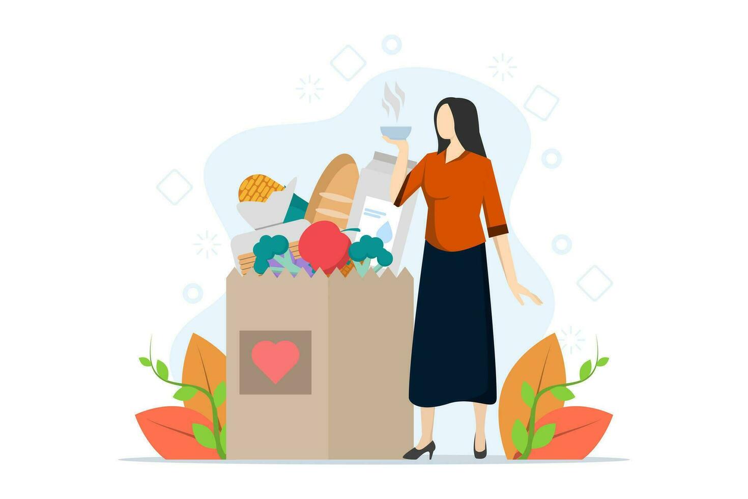Concept of help, social care, volunteering, support for the poor, food donation. Happy woman holding plate of soup, food box in hands. Cartoon flat vector illustration for web banner