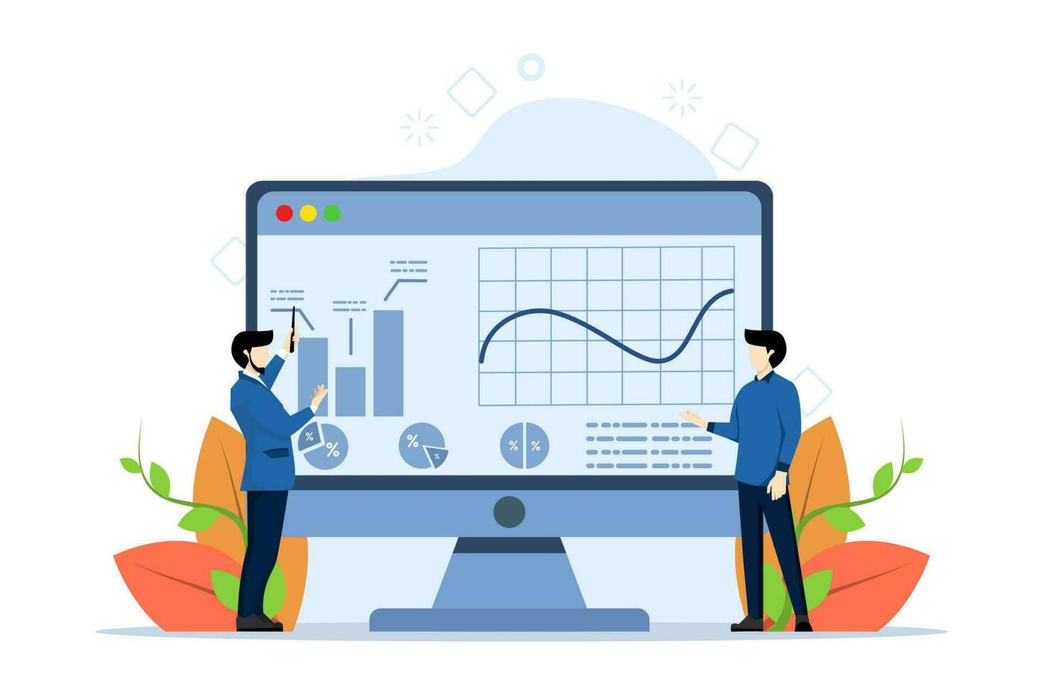 analysis concept, professional analysis chart on computer monitor. Colleagues present flat vector illustration diagram. Business, marketing, for banner, website design or landing web page