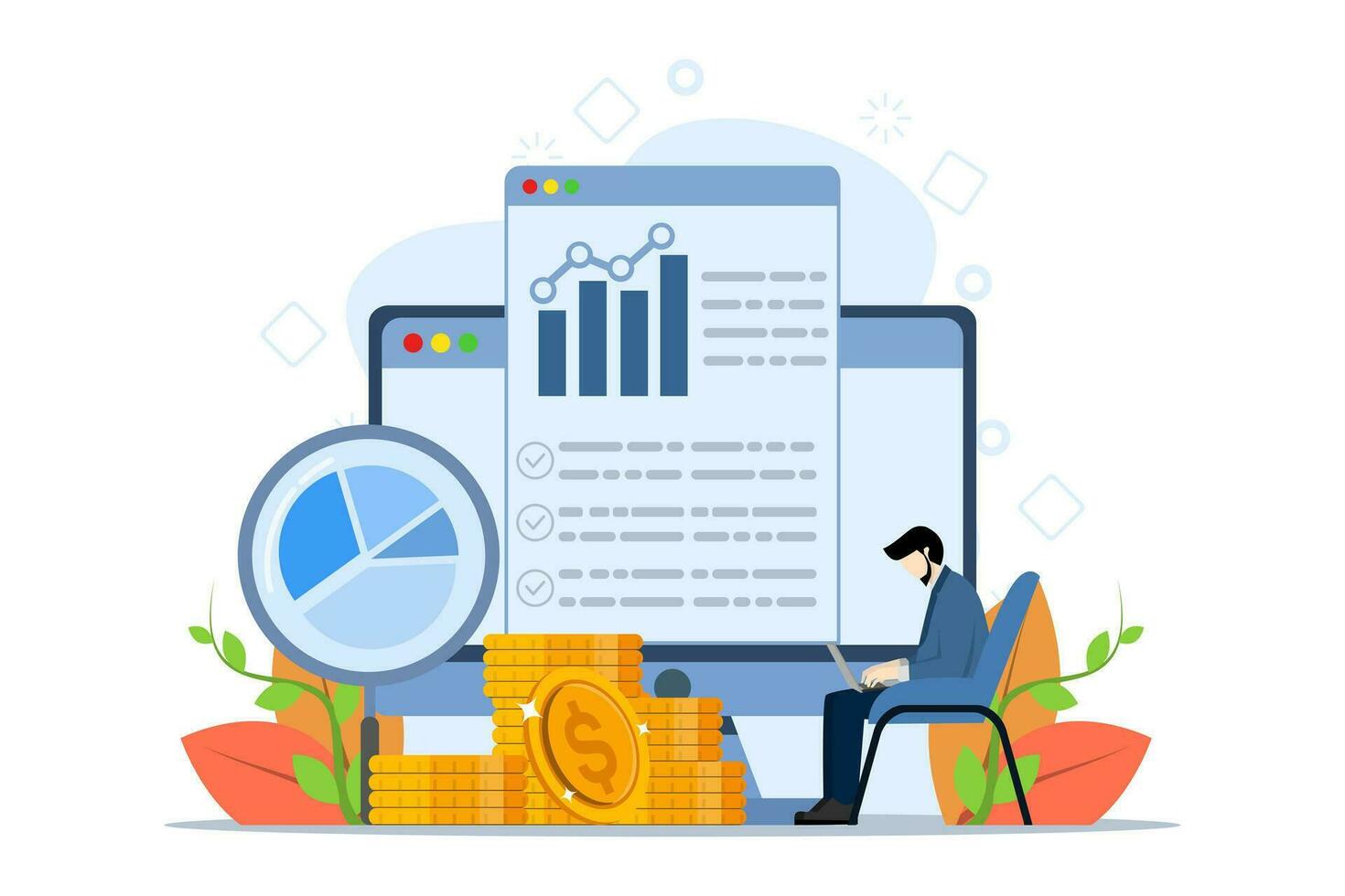 financial data concept. flat vector business people working for data analytics and monitoring web report dashboard monitoring and business finance investment concept. flat vector illustration.