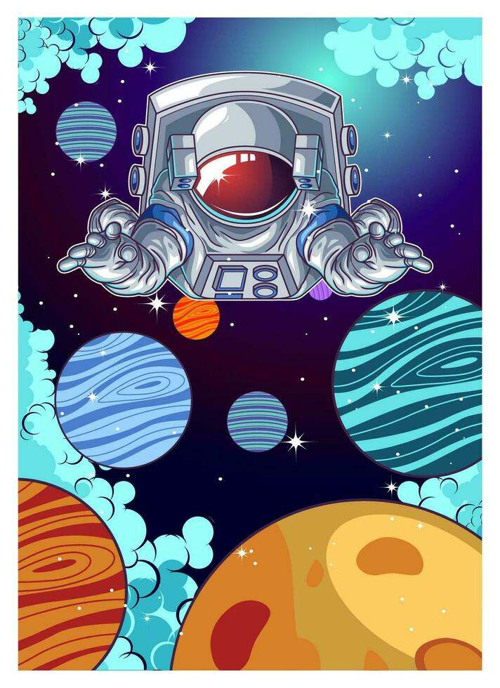 astronaut having fun and play skateboard in the space vector