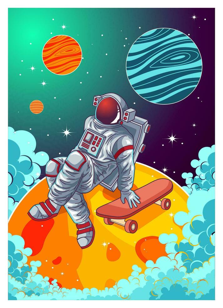 astronaut having fun and play skateboard in the space vector