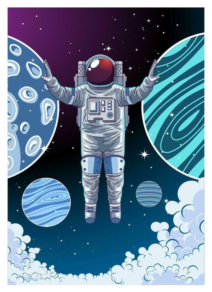 astronaut having fun and play skateboard in the space vector