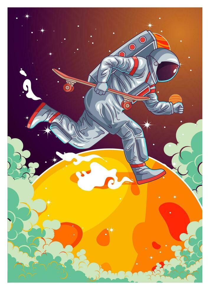 astronaut playing skateboard in the space vector