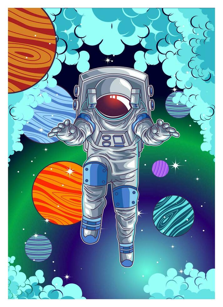 astronaut having fun and play skateboard in the space vector