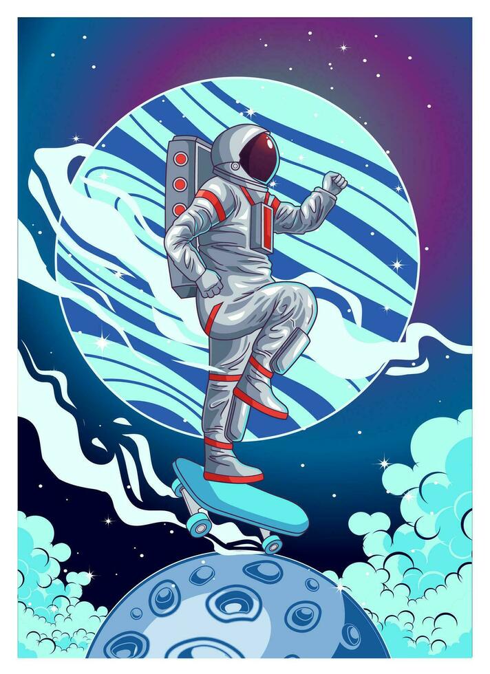 astronaut having fun and play skateboard in the space vector