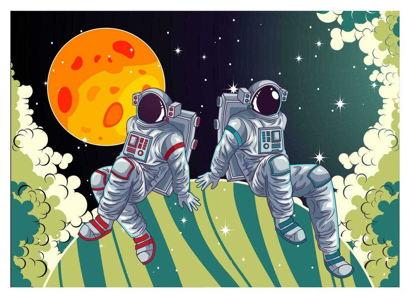 astronauts playing on the planet in space vector